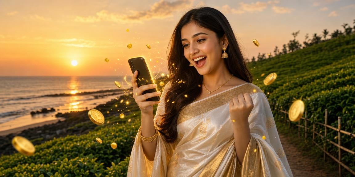 A woman in a saree at Saint Martin's Island using the hy baji mobile casino